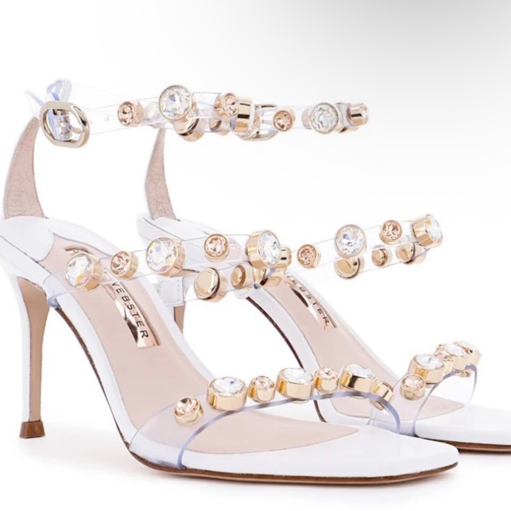Sophia Webster Gold and White Stiletto Heels with Pearl Embellishments